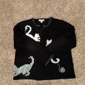 Coldwater Creek Black and Gray Cat Motif Zip Up Sweater